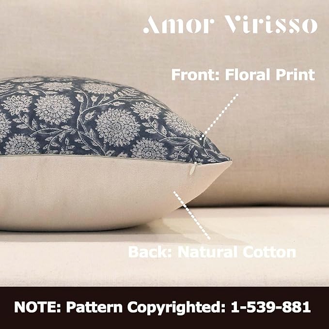 Amor Virisso Floral Pillow Covers 18x18 Throw Pillow Covers Vintage Block Print Pillow Cover Neutral Couch Pillows for Living Room Farmhouse Decorative Accent Sofa Pillows, Dusty Blue