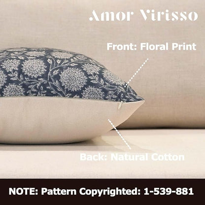 Amor Virisso Floral Pillow Covers 18x18 Throw Pillow Covers Vintage Block Print Pillow Cover Neutral Couch Pillows for Living Room Farmhouse Decorative Accent Sofa Pillows, Dusty Blue