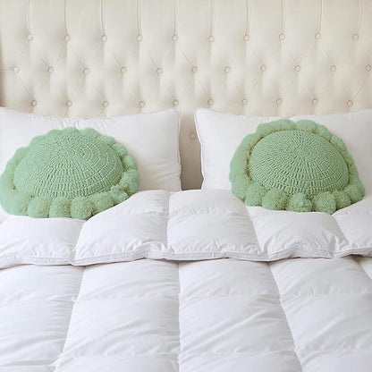 Boho Round Throw Pillow with Cute Handmade Pom Poms Tassels 18 Inch, Decorative Circular Knitted Crochet Cushion for Couch, Sofa, Chair, Bed, Sage Green