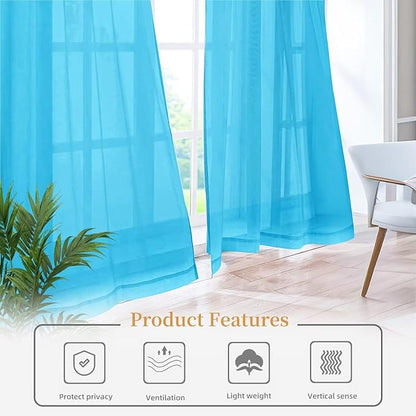 Sheer Curtains 63 Inches Long 2 Panels, Rod Pocket Short Curtain for Kitchen, Bedroom, Cafe Window(Cyan Blue 38" W x 63" L)