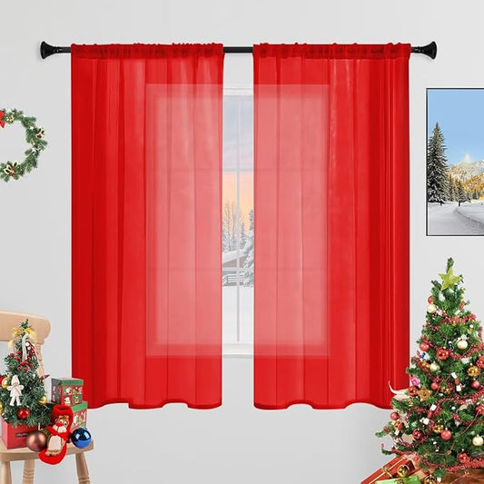 Sheer Curtains 72 Inches Long 2 Panels, Rod Pocket Short Curtain for Kitchen, Bedroom, Cafe Window(Red 38" W x 72" L)