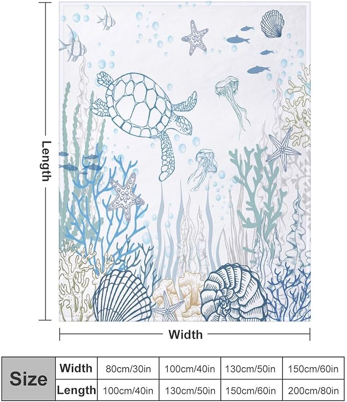 Nautical Turtle Throw Blanket, Coastal Sea Ocean Theme Coral Starfish Seashell Jellyfish Undersea Life Fleece Blanket for Summer Home Bed Sofa Couch Chair, 50"x60"