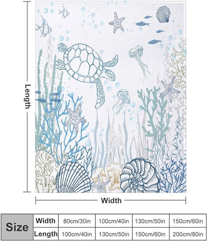 Nautical Turtle Throw Blanket, Coastal Sea Ocean Theme Coral Starfish Seashell Jellyfish Undersea Life Fleece Blanket for Summer Home Bed Sofa Couch Chair, 50"x60"