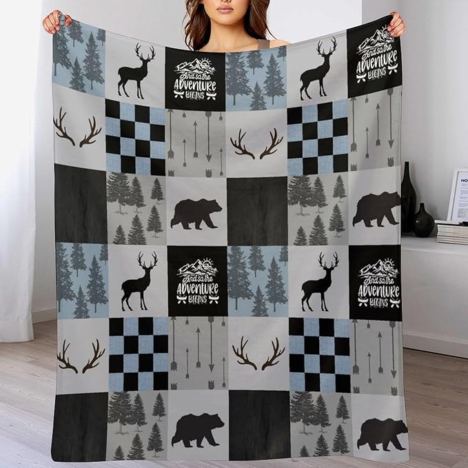 Bear Cabin Plaid Blanket, Rustic Retro Bear Deer Patchwork Gray Blue Farmhouse Throw Blanket for Couch Bed Living Room, 60"x80"