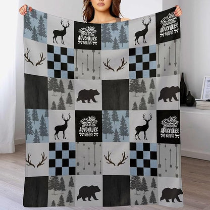 Bear Cabin Plaid Blanket, Rustic Retro Bear Deer Patchwork Gray Blue Farmhouse Throw Blanket for Couch Bed Living Room, 60"x80"