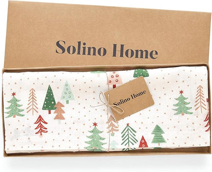 Solino Home Christmas Table Runner 120 Inches Long - 100% Pure Linen Print Table Runner 14 x 120 Inch - Handcrafted and Machine Washable - Modern Christmas, New Year