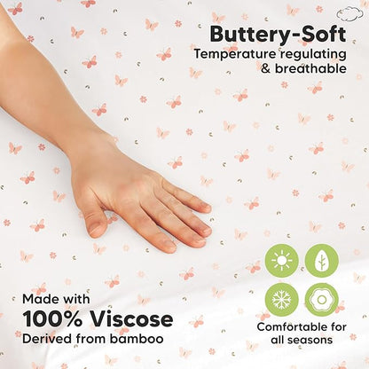 Pack and Play Sheets Fitted - 2-Pack Mini Crib Sheets for Pack N Play Mattress 38x26, Soft & Cozy, Neutral Toddler Playard Bedding, Snug Fitted Mini Baby Crib Mattress Cover Boy, Girl (Butterflies)