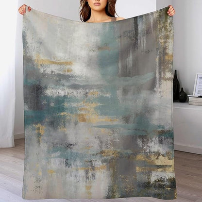 Fashion Gradient Blanket, Modern Art Baroque Gold Grey Green Painting Strokes Pattern Soft Warm Cozy Plush Flannel Covers for Livingroom Bedroom Couch Chair Camping Travel Home Decor Tapestry 60x80in