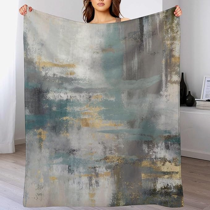 Fashion Gradient Blanket, Modern Art Baroque Gold Grey Green Painting Strokes Pattern Soft Warm Cozy Plush Flannel Covers for Livingroom Bedroom Couch Chair Camping Travel Home Decor Tapestry 50x60in