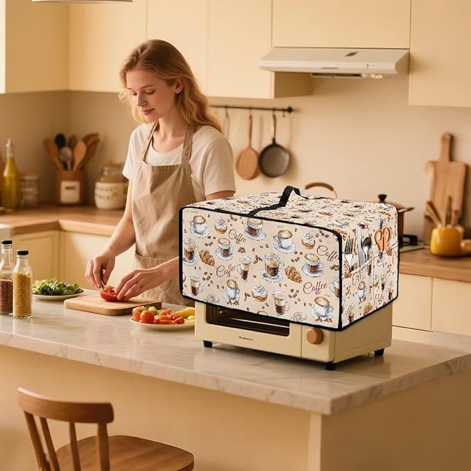 Waterproof Microwave Oven Dust Cover Heavy Duty Microwave Oven Grill Cover Dustproof Kitchen Machine Covers Case Protections for Toaster Oven, Coffee Cup Bean Bread Cream Print, M