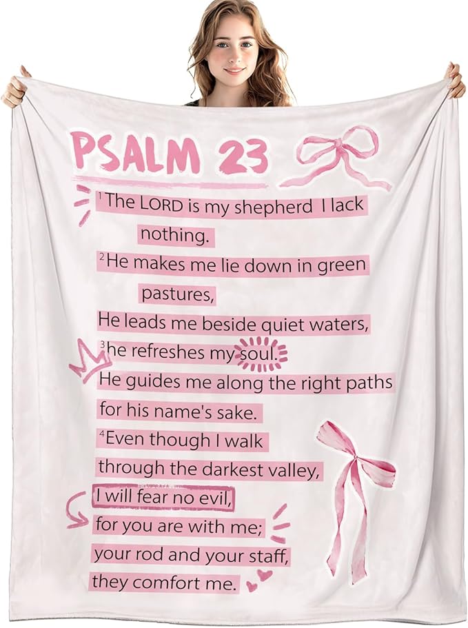Coquette Pink Bow Christian Blanket, Psalm 23 Bible Verse Throw Blankets for Girly Room Bedroom Dorm Couch Bed Decor, Preppy Religious Blanket, Christian Gifts for Women Girls, 50x60 Inch