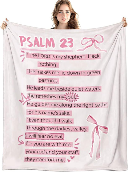 Coquette Pink Bow Christian Blanket, Psalm 23 Bible Verse Throw Blankets for Girly Room Bedroom Dorm Couch Bed Decor, Preppy Religious Blanket, Christian Gifts for Women Girls, 50x60 Inch