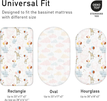 Muslin Bassinet Fitted Sheets, 2 Pack for Baby Boy and Girl, Soft Breathable Baby Pad/Mattress Sheet, Fit for Hourglass Oval and Rectangle Bassinet Mattress (Cute Animals)