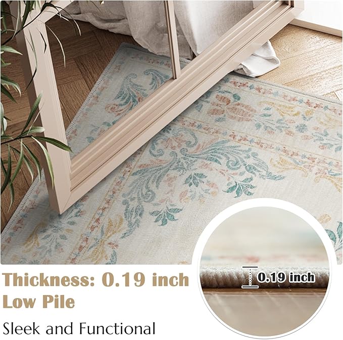 jinchan Vintage Floral Runner Rug 2x6 - Machine Washable Distressed Design Non-Slip Low-Pile Soft Thin Carpet for Hallway Kitchen Farmhouse Bedroom Entryway Laundry Room (2x6ft, Apricot Multi)
