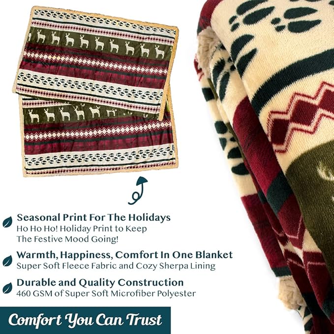 PAVILIA Premium Christmas Sherpa Throw Blanket, Green Red Cabin Design with Reindeer Print, Ultra Soft Reversible Fleece & Sherpa 60x80 Cozy Winter Blanket, Cozy Christmas Holiday Decor