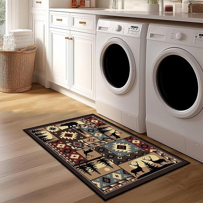 Rustic Rug 2x3 Washable Area Rugs,Buffalo Plaid Bear Moose Deer Country,Cabin Wildlife Entrance Rug Small Throw Carpet Vintage Floor Carpets Non Slip Indoor Door Mat for Entryway,Front Door,Kitchen