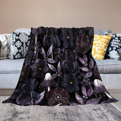 Gothic Floral Blanket, Vintage Abstract Black Purple Peony Flowers Mushroom Print Throw Blanket for Room Bedding Couch Decor Soft Lightweight Warm Cozy, 60"x80"