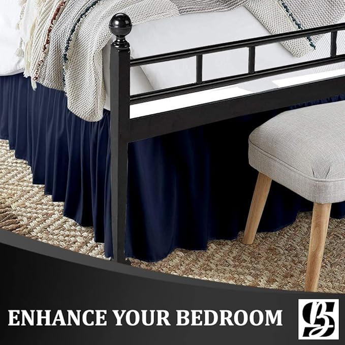 SKY BEDDINGS - Full Size Ruffled Bed Skirt with Split Corners - 12 Inch Drop Dust Ruffle Bed Skirt with Platform Three Sided Coverage - 100% Microfiber, Navy Blue