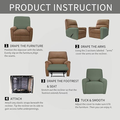 Easy-Going 4 Pieces Oversized Recliner Stretch Sofa Slipcover Sofa Cover Furniture Protector Couch Soft with Elastic Bottom Polyester Spandex Jacquard Fabric Small Checks Greyish Green, X-Large