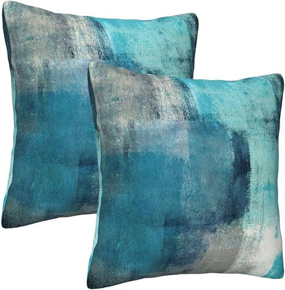 bassyil Teal Grey Abstract Art Painting Throw Pillow Covers Decorative Linen Pillow Cases Set of 2 Square Cushion Cover for Couch Sofa Bedroom 18x18 Inch