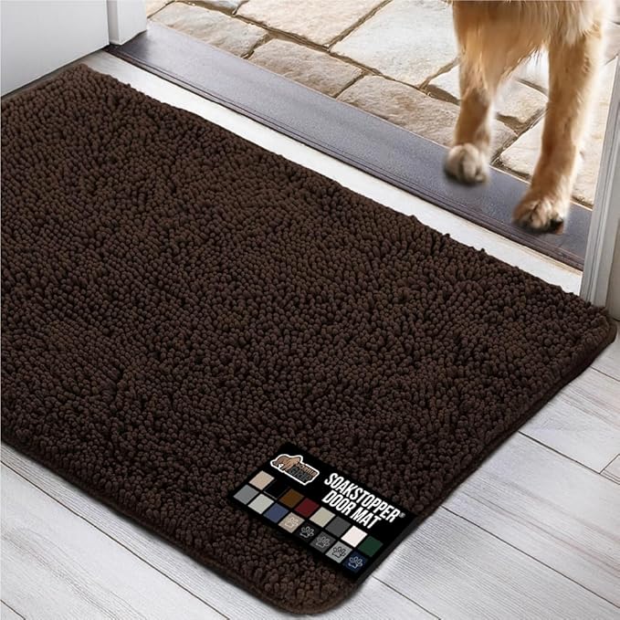 GORILLA GRIP SOAKSTOPPER Dog Door Mat, 36x24 Machine Washable Rug Absorbent Doormat Captures Moisture Mud Dirt, Quick Dry Soft Chenille Entryway Rugs Indoor Entrance Mats for Dog Paws, Brown