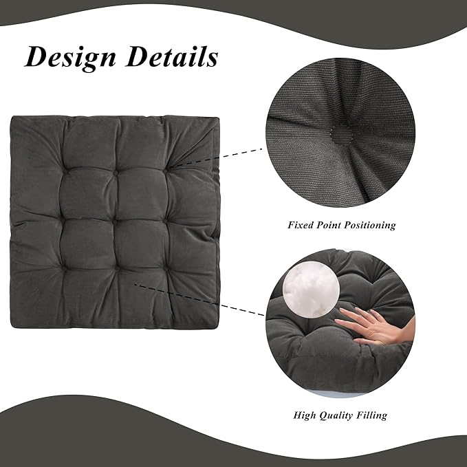 Meditation Floor Pillow 22×22 Inch 1 Pack Large Floor Cushions for Adults Square Tufted Corduroy Floor Pillows for Yoga Living Tatami Room Dark Grey