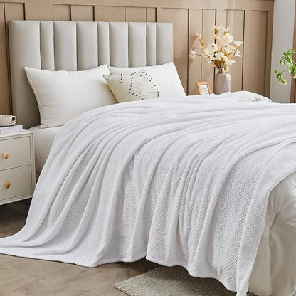NEWCOSPLAY Super Soft King Blanket White Premium Silky Flannel Fleece Leaves Pattern Lightweight Bed Blanket All Season Use (White, King(90"x110"))