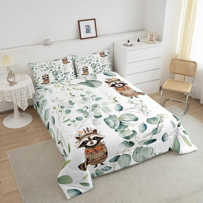Erosebridal Cute Raccoon Queen Comforter Set for Kids Child Green Eucalyptus Bedding Set Queen, Woodland Animal Bedding Comforter Sets Plant Leaves Duvet Set, Cartoon Wildlife Quilted Comforter