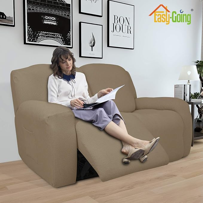Easy-Going 6 Pieces Recliner Loveseat Stretch Sofa Slipcover Sofa Cover Furniture Protector Couch Soft with Elastic Bottom Kids, Spandex Jacquard Fabric Small Checks Tan