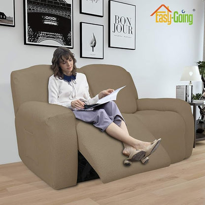 Easy-Going 6 Pieces Recliner Loveseat Stretch Sofa Slipcover Sofa Cover Furniture Protector Couch Soft with Elastic Bottom Kids, Spandex Jacquard Fabric Small Checks Tan