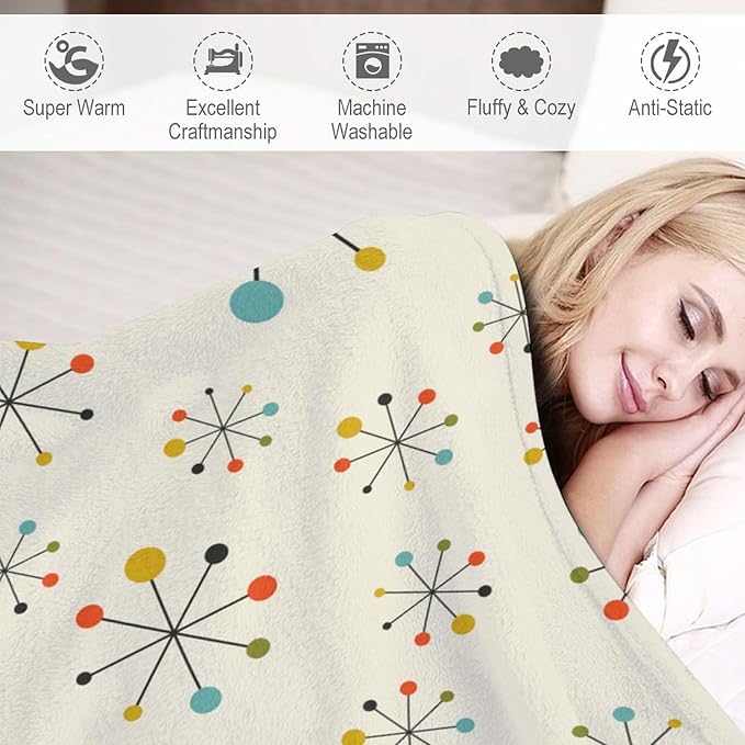 Mid Century Throw Blanket, Retro Abstract Geometric Pattern Boho 1950s 1960s Iconic Atomic Starbursts Modern Sputnik Print Blanket for Couch Sofa Bed Decorative Gifts 60"x80"