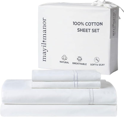 100% Natural Cotton Sheets Queen Size Bed Set | 500 TC Single-Ply Sateen Weave | Soft, Breathable, Hypoallergenic Solid 4-Piece Bedding with Deep Pocket Fitted, Flat, Pillowcase | White