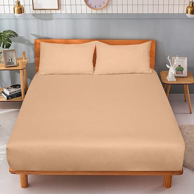 ROYALE LINENS 300 Thread Count 100% Long Staple Combed Cotton Fitted Sheet Full - Super Soft Deep Pocket Bottom Sheet - Fitted Sheets Only - Elastic Sheets (Full, Sand)