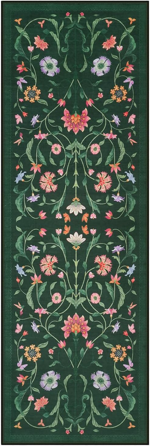 LIVEBOX Kitchen Runner Rug - Boho Floral 2x6 Runners for Hallways, Non-Slip Washable Rug, Soft Low-Pile Carpet Runner for Entryway Hallway Bedroom Laundry Room Farmhouse(2x6 ft, Green)