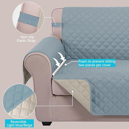 U-NICE HOME Recliner Chair Covers Reversible Chair Cover Pet Covers for Dogs with Elastic Straps Water Resistant Diamond Quilted (28''Recliner Oversized, Light Blue/Beige)
