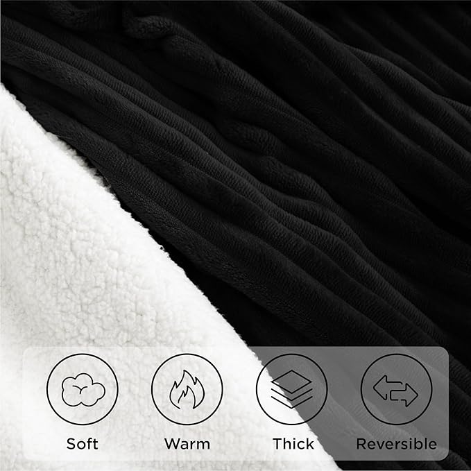 Sherpa Throw Blanket for Couch - Soft Cozy Fleece, Warm for Winter, Reversible for Sofa, 50 x 60 Inches, Black