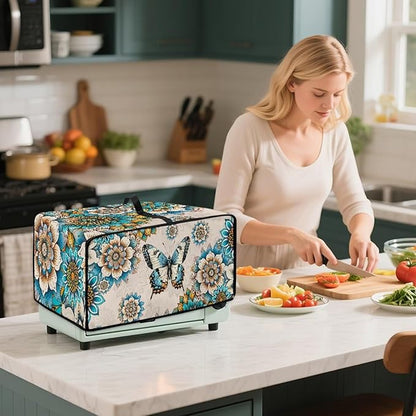 Microwave Oven Dust Cover Waterproof Polyester-Linen Fabric Microwave Oven Cloth Cover Universal Case Protections Protector with Storage Bags, Boho Mandala Floral Butterfly Print, S