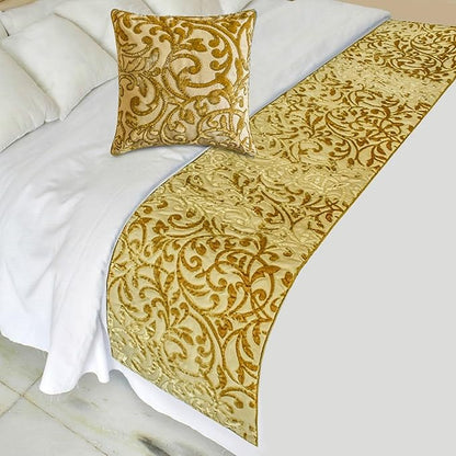 The HomeCentric King/Queen/Twin Beige Gold Decorative Bed Runner Queen 74"x18" Bed Runner Without Pillow Cover, Cut Velvet, Beaded Bed Scarf on Velvet Fabric - Serene Symphony