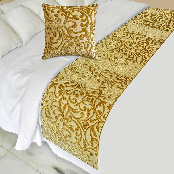 The HomeCentric King/Queen/Twin Beige Gold Decorative Bed Runner Queen 74"x18" Bed Runner with Two Pillow Cover, Cut Velvet, Beaded Bed Scarf on Velvet Fabric - Serene Symphony