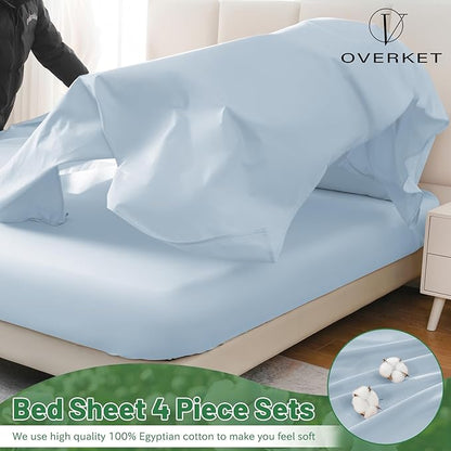 1000 Thread Count Egyptian Cotton Sheets Queen Size Set 4PCS Sateen Weave Soft Breathable 16-Inch Deep Pocket（Queen,Light Blue）
