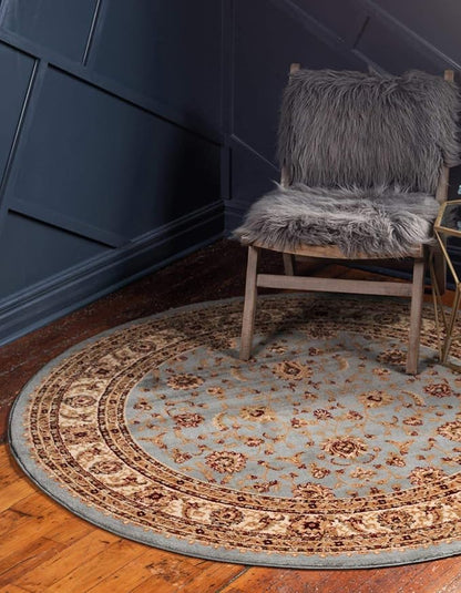 Unique Loom Voyage Collection Traditional Oriental Classic Intricate Design Area Rug (8' 0 x 8' 0 Round, Light Blue/Gold)