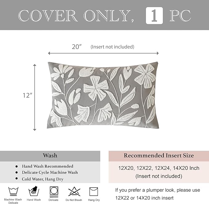 BlissBlush Grey Velvet Decorative Lumbar Throw Pillow Cover 12X20, Light Gray Floral Tufted Soft Farmhouse Textured Pillowcase, Accent Pillowcase for Couch Sofa Bed Living Room