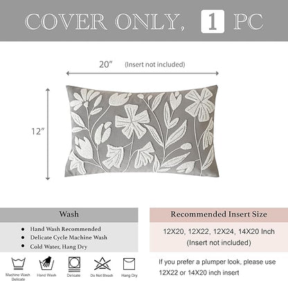 BlissBlush Grey Velvet Decorative Lumbar Throw Pillow Cover 12X20, Light Gray Floral Tufted Soft Farmhouse Textured Pillowcase, Accent Pillowcase for Couch Sofa Bed Living Room