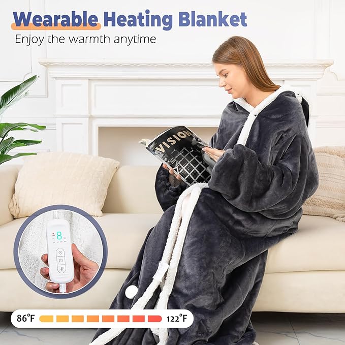 Wearable Heated Blanket with Foot Pocket, Electric Wearable Throw Blanket with Sleeves, Hood, Portable Heated Blanket with 8 Heat Settings, 1-10 Hours Auto Shut-off, Gift for Family, Friends, 50*70"