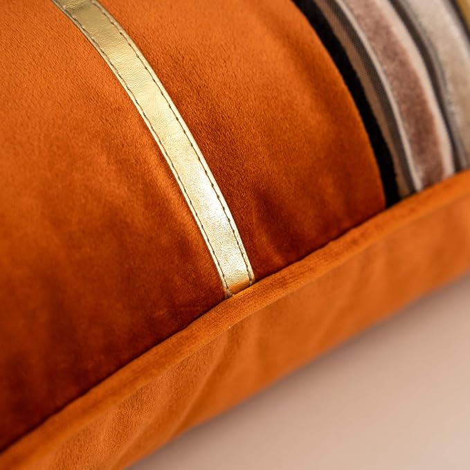 Yangest Orange Striped Patchwork Throw Pillow Cover Gold Leather Cushion Cover Zippered Rectangular Pillowcase for Sofa Couch Bedroom Living Room Home Decoration, 12x20 Inch