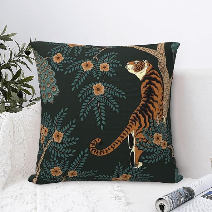 NBFKDO Pillow Cover,Tiger and Peacock (1) Throw Pillow Case Modern Cushion Cover Square Pillowcase Decoration for Sofa Bed Chair Car 26 X 26 Inch