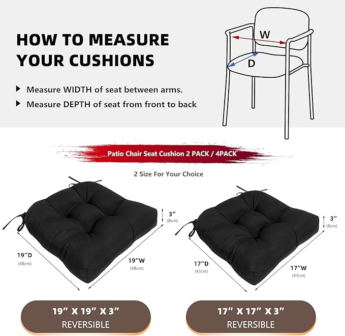 RACE LEAF Patio Chair Cushions 17x17 Inch 4 Pack, Thickened Outdoor Cushions Water Resistant Stain Resistant Non-Slip Ties (Black)