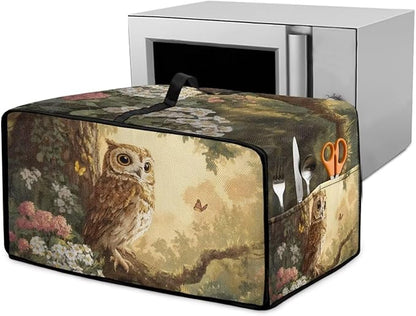 Owl Floral Tree Butterfly Print Microwave Oven Dust Cover Heavy Duty Microwave Oven Cover with Storage Pockets Foldable Dust-Proof Decor Accessories for Kitchen, S