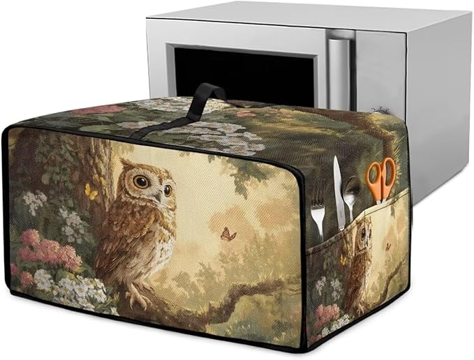 Owl Floral Tree Butterfly Print Microwave Oven Dust Cover Heavy Duty Microwave Oven Cover with Storage Pockets Foldable Dust-Proof Decor Accessories for Kitchen, M