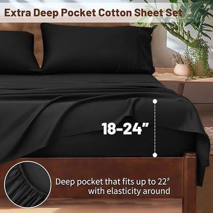 Extra Deep Pocket Queen Sheets 18-24 Inch 100% Egyptian Cotton 1000 Thread Count Sateen Weave Soft Breathable 4 Pieces（Queen,Black）